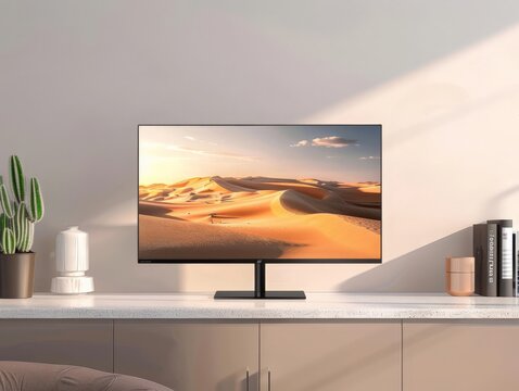 Modern external monitor with a thin bezel on a minimalist desk, showcasing its vibrant display and advanced features for enhanced productivity 