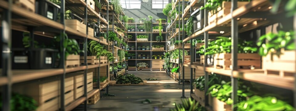 Eco-Friendly Sustainable Warehouse - Vertical Green Garden Wall, Responsible Logistics, Storage Solutions