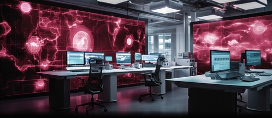 High-Tech Control Room with Red Neon Lights and Screens