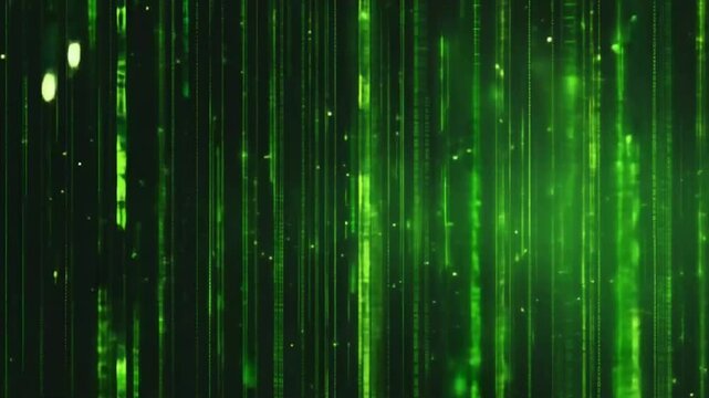 Green digital matrix with glowing code streams in a high-tech environment
