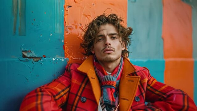 A man in a plaid jacket leans against a wall with blue, orange, and white stripes.