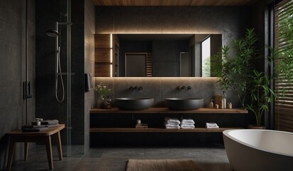 Modern bathroom with wooden and black accents.
