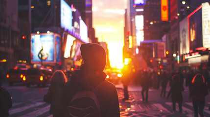Fototapeta premium a person standing on a street at sunset