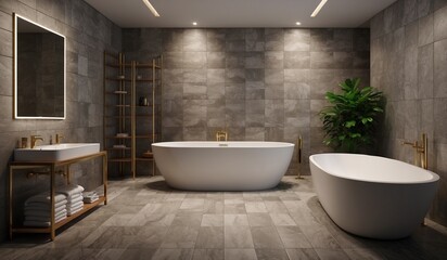 Luxurious modern bathroom with sleek gray tile design.
