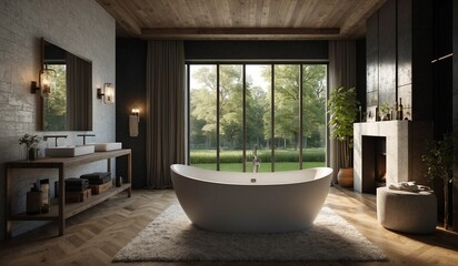 Luxurious bathroom with large tub and nature view