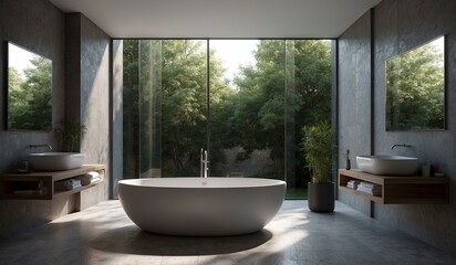 Minimalist bathroom with large tub and garden view
