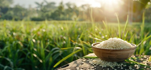 Serene Rice Bowl in Lush Green Field Bathed in Sunlight - High Detail, Natural Lighting, Warm Tones, Soft Shadows