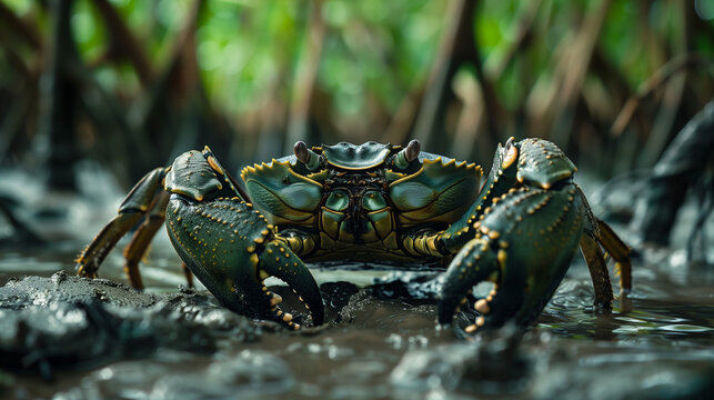 Big mud crab hiding in mud, crab partially hiding in black mud, mangrove forest background, Ai Generated Images
