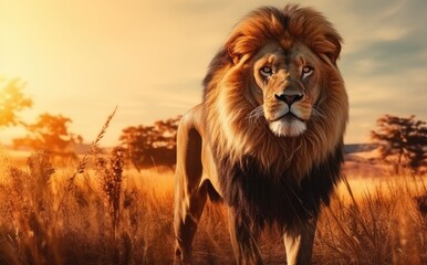 Lion in the savannah. Wildlife scene from Africa. Male lion in the nature habitat.