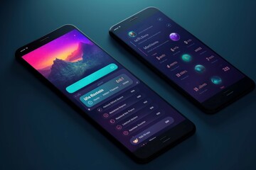 Two smartphones with vibrant user interface designs against a dark background