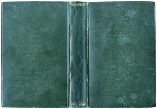 Antique open book cover in green canvas with embossed golden elements on spine - circa 1886