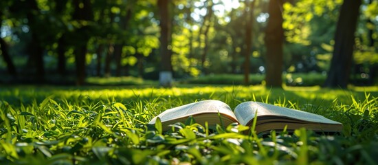 Tranquil Reading Escape: Open Book on Grass in Sunlit Park with Lush Trees - Serene Nature Relaxation