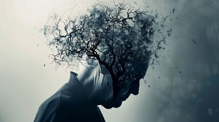 a man with a tree in his head in a foggy sky background