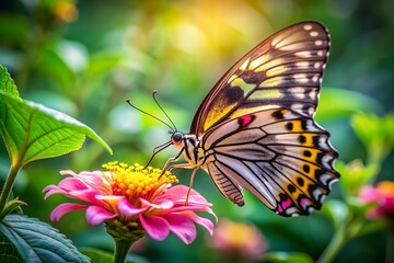 Naklejka premium Delicate butterfly with intricate wings sips nectar from a bright pink flower with soft petals and yellow center, surrounded by lush green leaves.