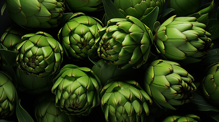 Obraz premium Green fresh artichokes background top view