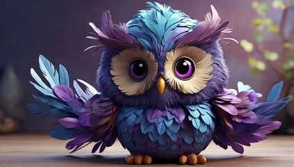 Obraz premium Cute character 3D image of blue and purple feathers owl, happy face, field depth and style clothes hyperrealism 