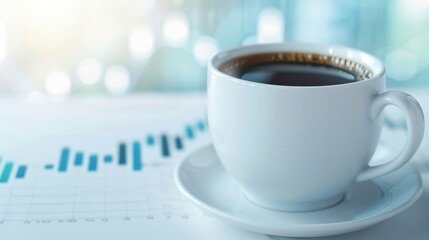 Fototapeta premium A white coffee cup sits on a white saucer on a table with a graph