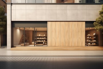 Minimalist store facade mockup with wooden wall on urban background