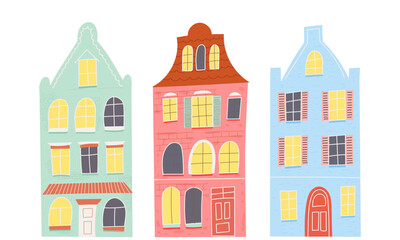 Houses set flat style. Vintage hand drawn clipart