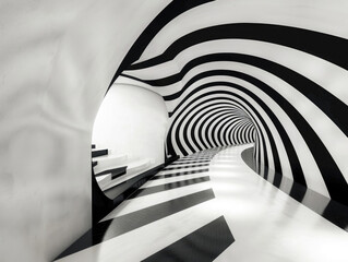 Abstract black and white striped tunnel with a hypnotic effect.
