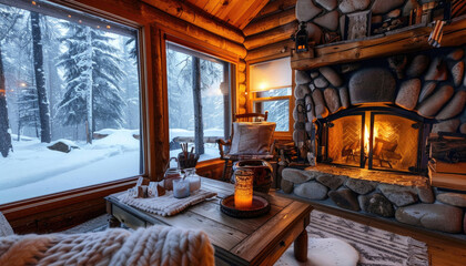 Cozy cabin living room with a fireplace, wooden furniture, and a snowy winter view outside the window.