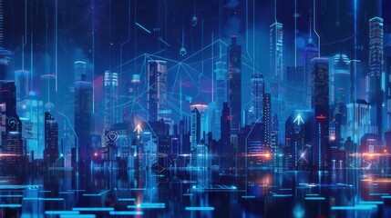 Fototapeta premium Cyberpunk Cityscape with Glowing Lights and Network Lines