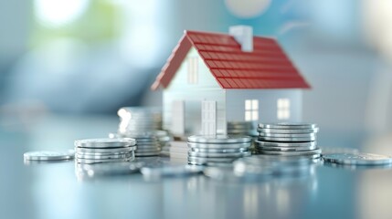 A house is surrounded by a pile of coins