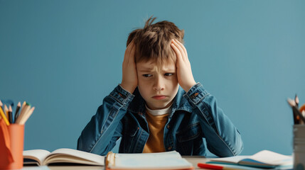 Frustrated young boy with head in hands sitting at a desk. Childhood challenges, academic stress, and homework struggles concept