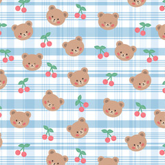 Seamless pattern of cute face with cherry.Wild animal character cartoon design.Baby