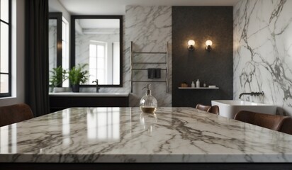 Fototapeta premium Sunlit bathroom with marble countertops and natural decor.