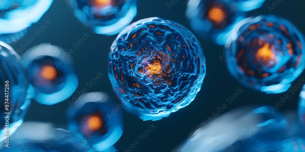 Poster examining body cells realistic magnified image showing cell structure under microscope. concept cell