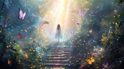 Obraz premium A girl is walking down a staircase in a lush, colorful garden