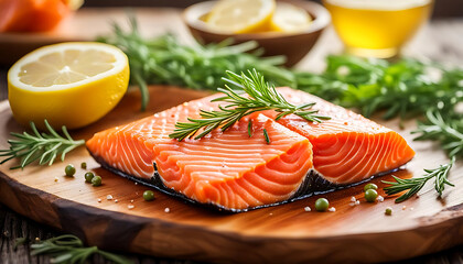 Lachs Filet Stücken mit Pfeffer Dill Zitrone Salz auf Holzbrett frisch zubereitet in Nahaufnahme, köstlich leckerer Fisch Zubereitung für braten grillen gesunde Mahlzeit fettreiche köstliche Proteine 
