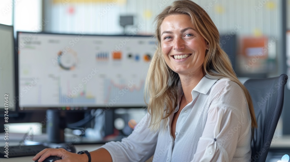 Poster female manager using computer for real-time digital tracking systems in global trade network at offi