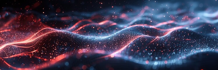 Obraz premium Illuminated Digital Waveform: Futuristic Lines and Dots on Dark Background with Glowing Effects