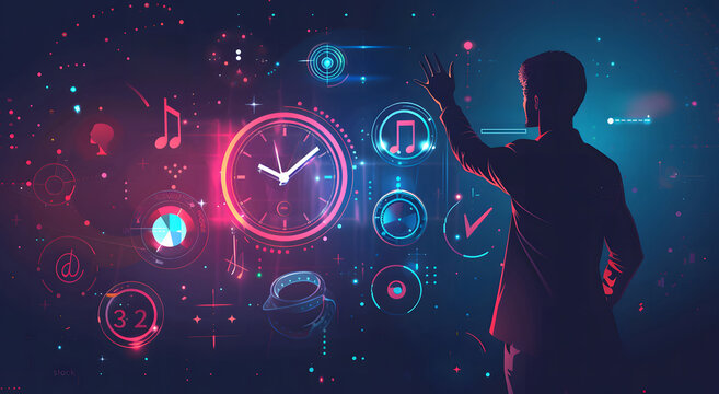 Time management concept. Businessmen holding virtual time management icons for business-to-work planning for increased efficiency and reduced work time. Business project planning design