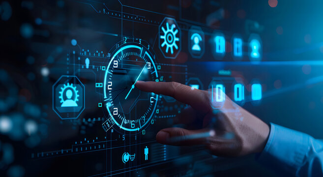 Time management concept. Businessmen holding virtual time management icons for business-to-work planning for increased efficiency and reduced work time. Business project planning design