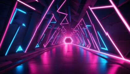 Pink and blue neon lights abstract background with triangles and street tunnel theme