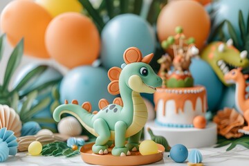 Obraz premium Colorful dinosaur-themed birthday party setup with vibrant balloons and a decorated cake.