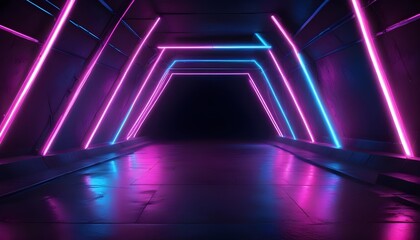 Fototapeta premium Pink and blue neon lights abstract background with triangles and street tunnel theme