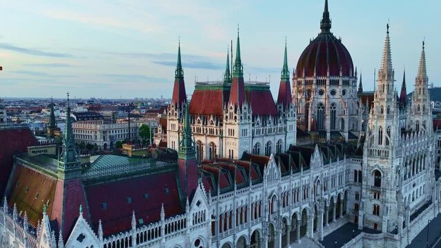 drone view of parliament building in Budapest at sunrise, tourist attraction in Hungary, beautiful gothic architecture in Hungary capital