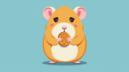 Obraz premium Cute cartoon hamster holding a cookie with a light blue background, perfect for animal-themed designs and children's illustrations.