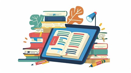 Digital tablet with an open book among stacked books and study materials. Concept of modern online education and e-learning tools.