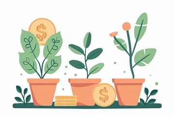 Obraz premium Illustration of money plants growing in pots symbolizing financial growth, investment, and savings. Perfect for economic and finance themes.