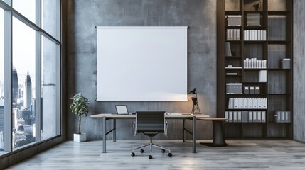 3D rendered modern light office showcasing blank mock up banner, shelves, library interior, workplace, and city skyline through window.