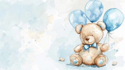 Adorable birth announcement card template with a cute teddy bear holding balloons and copy space for text, featuring a soft blue watercolor style illustration.