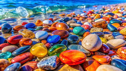 A variety of colored stones with rounded shapes that appear to have a naturally shiny surface. On the beach with clear water,