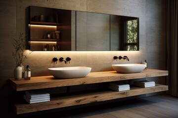 Fototapeta premium Stylish bathroom featuring a double vessel sink vanity and warm ambient lighting