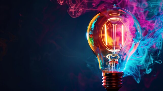 Colorful glowing idea bulb lamp banner visualizing brainstorming, bright ideas, and creative thinking with copy space generative AI.