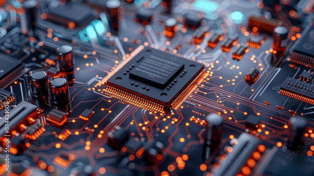 Poster macro shot of an integrated circuit chip on a circuit board